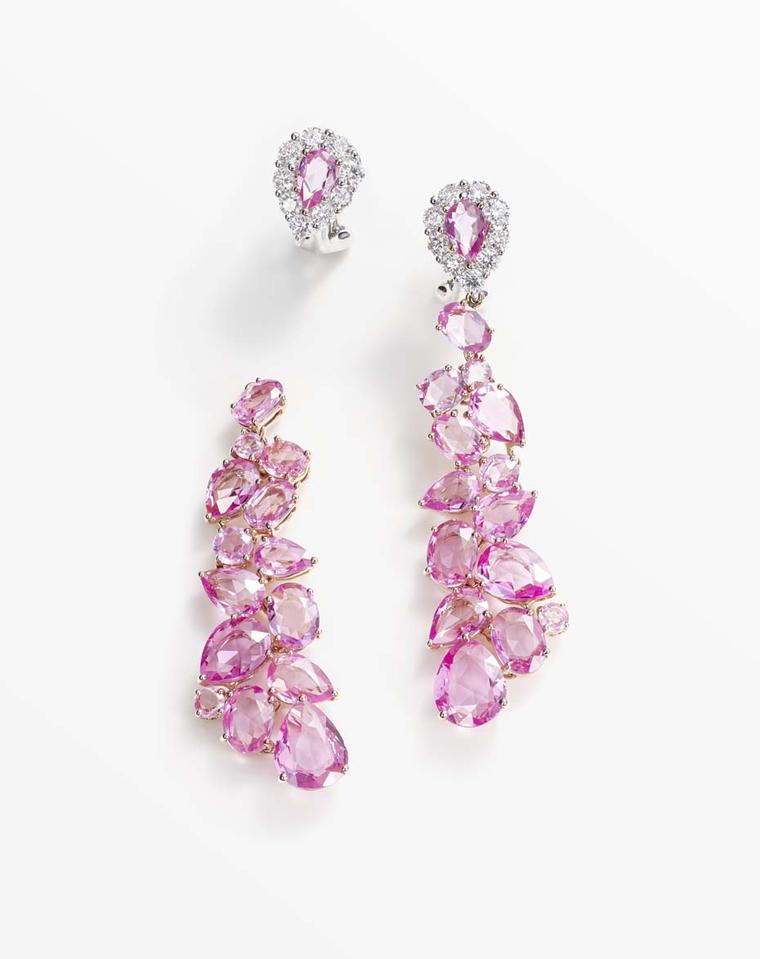Cascading pink sapphire earrings with diamonds in white and rose gold, with detachable drops, from William & Son's new Beneath the Rose collection.